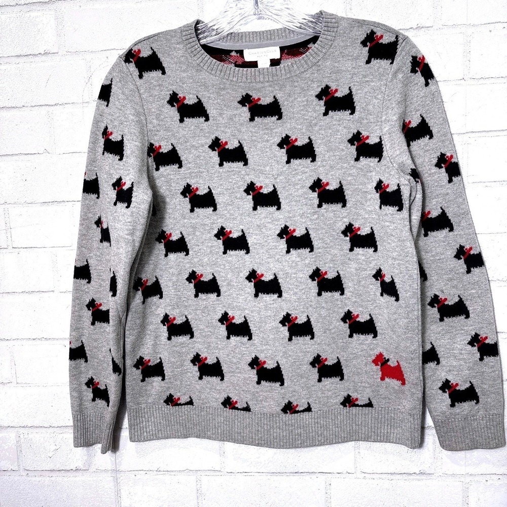 Charter Club Scottie Dog Sweater Petite‎ M Gray Novelty Knit Preppy Classic Dogs